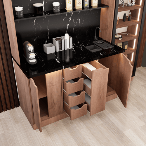 ركن القهوة فاخرة, مع أرفف عرض وإضاءة مخفية