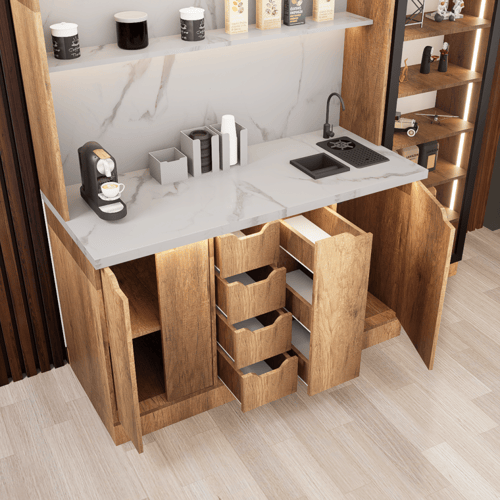 ركن القهوة فاخرة, مع أرفف عرض وإضاءة مخفية