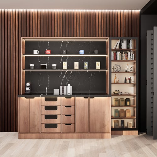 ركن القهوة فاخرة, مع أرفف عرض وإضاءة مخفية