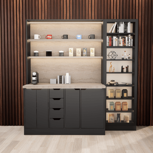 ركن القهوة فاخرة, مع أرفف عرض وإضاءة مخفية