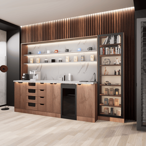 ركن القهوة فاخرة, مع أرفف عرض وإضاءة مخفية
