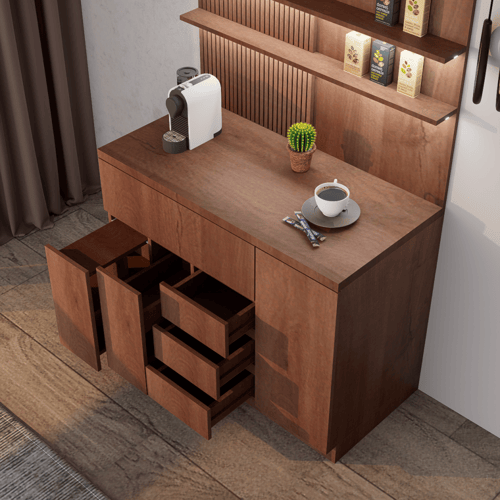 ركن قهوة أنيق بتصميم عصري, درج محصول و اكواب مع رف...