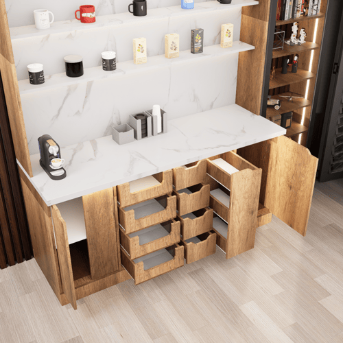 ركن القهوة فاخرة, مع أرفف عرض وإضاءة مخفية