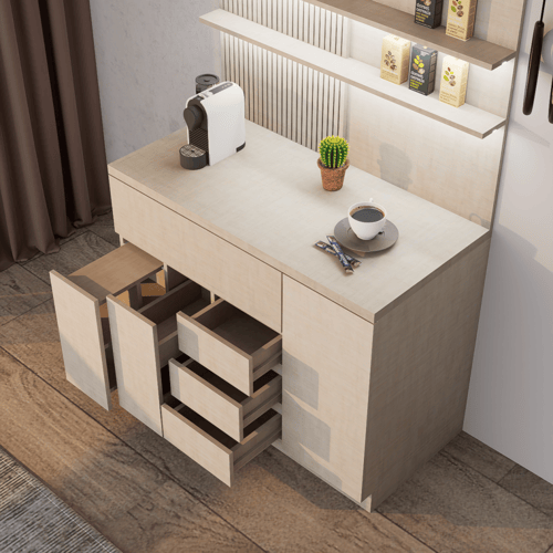 ركن قهوة أنيق بتصميم عصري, درج محصول و اكواب مع رف...