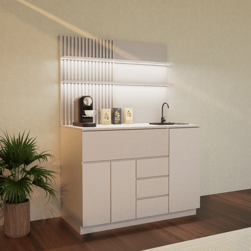 ركن قهوة أنيق بتصميم عصري, درج محصول و اكواب مع رف...