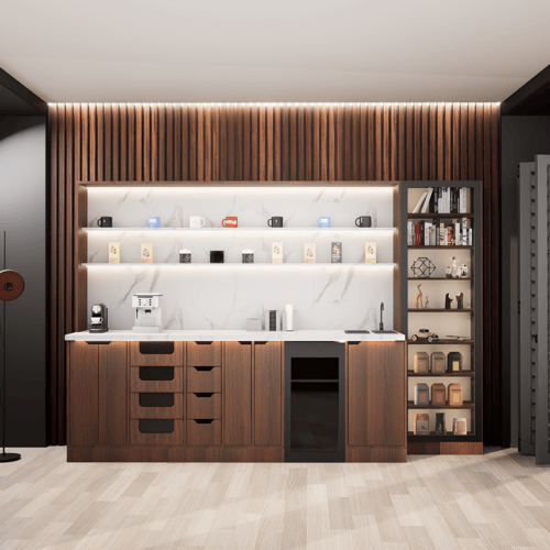 ركن القهوة فاخرة, مع أرفف عرض وإضاءة مخفية