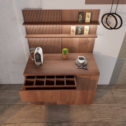 ركن قهوة أنيق بتصميم عصري, درج محصول و اكواب مع رف...