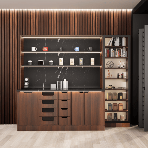 ركن القهوة فاخرة, مع أرفف عرض وإضاءة مخفية