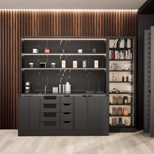 ركن القهوة فاخرة, مع أرفف عرض وإضاءة مخفية