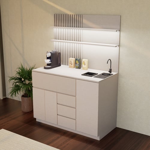 ركن قهوة أنيق بتصميم عصري, درج محصول و اكواب مع رف...