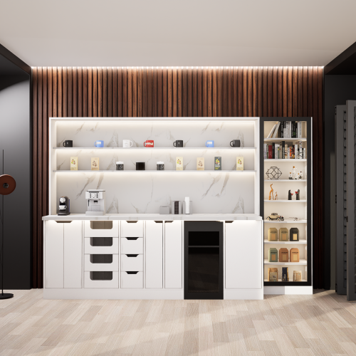 ركن القهوة فاخرة, مع أرفف عرض وإضاءة مخفية