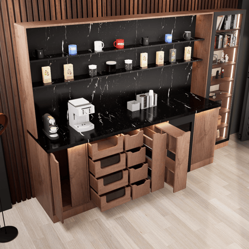 ركن القهوة فاخرة, مع أرفف عرض وإضاءة مخفية