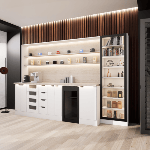 ركن القهوة فاخرة, مع أرفف عرض وإضاءة مخفية