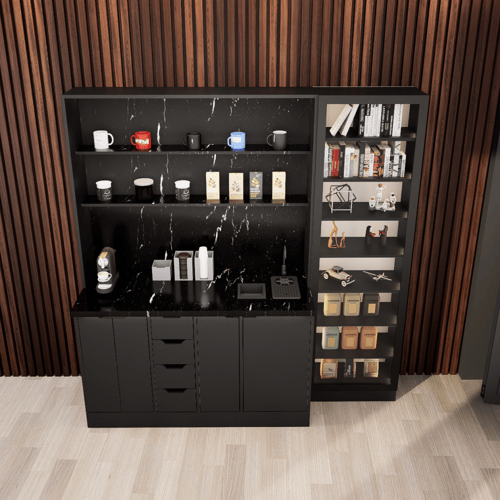 ركن القهوة فاخرة, مع أرفف عرض وإضاءة مخفية