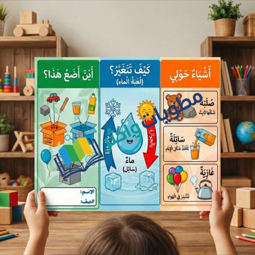 مطوية علوم اول ابتدائي حالات المادة الصلبة والسائل...