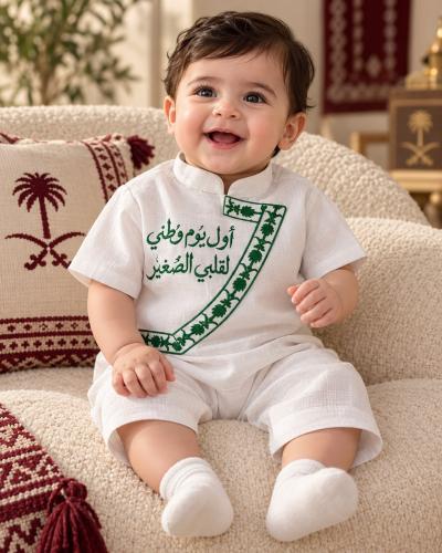 طقم مواليد اطفال لليوم الوطني 96 قماش لينن تصميم وصنع سعودي فاخر + هدية مجانية