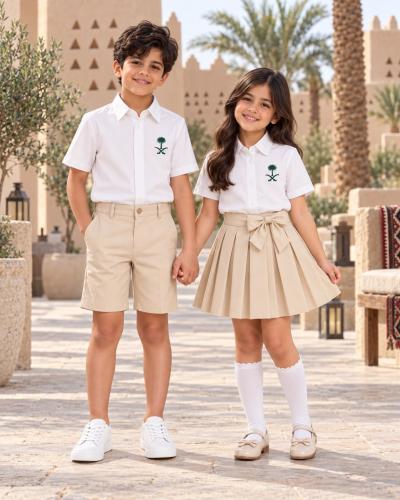 طقم أطفال اليوم الوطني السعودي 96 – قميص بشعار سيفين ونخلة أبيض مع شورت أو تنورة بيج + هدية مجانية