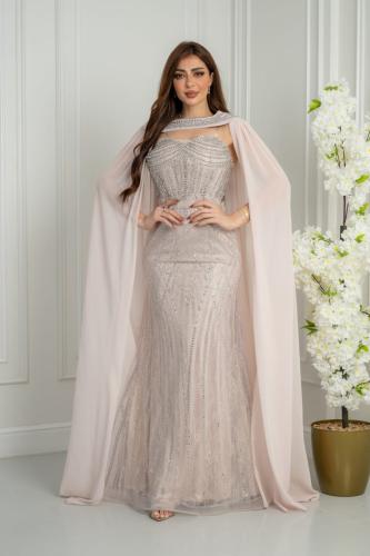 فستان سهرة سيرافينا الملكي بالكاب وردي بودري بتطري...