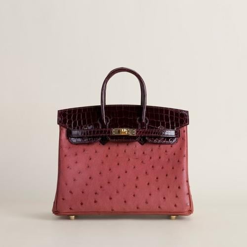 Birkin 25cm Touch Ostrich/ Niloticus Crocodile B5 Ruby/57 Bordeaux GHW