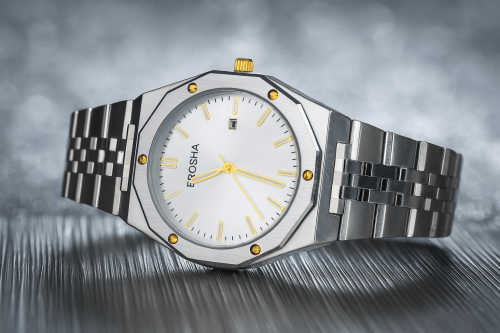 BROSHA men's watch stainless steel silver dial with gold touches