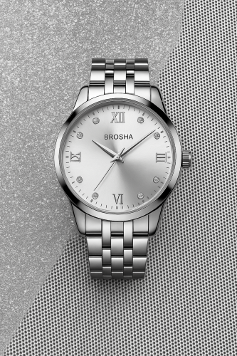 BROSHA men's watch stainless steel silver dial
