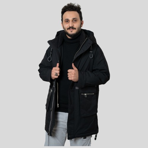 جاكيت نص بالطو قطن - أسود