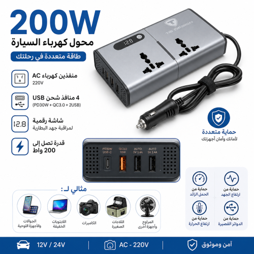 محول كهرباء سيارة 200 واط (Power Inverter) مع منفذ...
