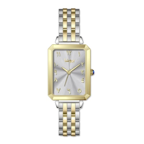 ساعة نسائي بروشا ذهبي فضي مينا رمادي