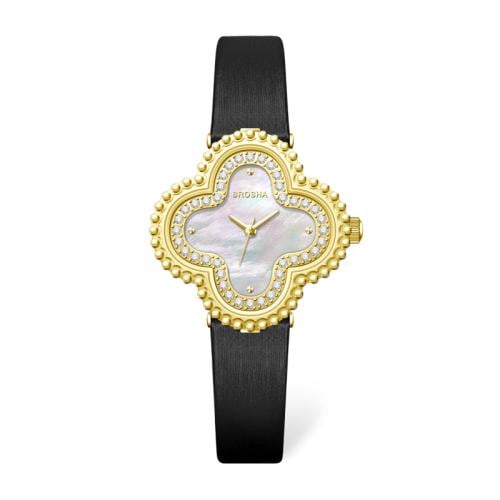 ساعه بروشا نسائي جلد اسود ذهبي