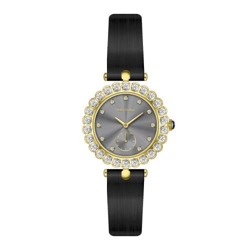 ساعه بروشا نسائي جلد اسود ذهبي