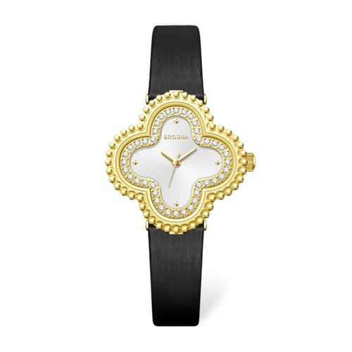 ساعه بروشا نسائي جلد اسود ذهبي