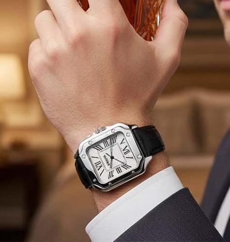 ساعة BROSHA رجالي جلد اسود مينا ابيض