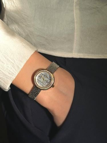 ساعه بروشا نسائي فضي ذهبي استيل شبك
