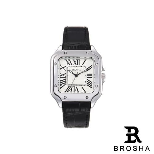 ساعة BROSHA رجالي جلد اسود مينا ابيض