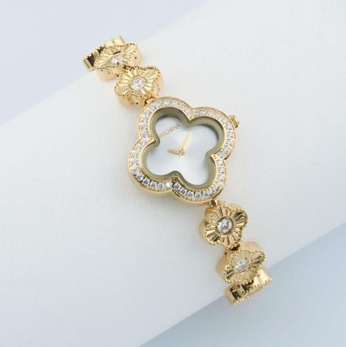 ساعة نسائية بروشا بتصميم وردة وسوار ذهبي