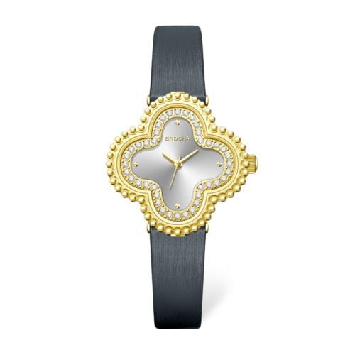 ساعه بروشا نسائي جلد رمادي ذهبي مينا رمادي