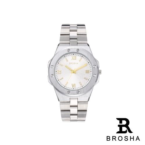 ساعة BROSHA رجالي استيل فضي مينا ابيض وذهبي