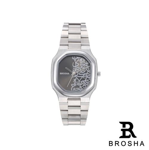 ساعة BROSHA رجالي استيل فضي مينا مزخرف اسود