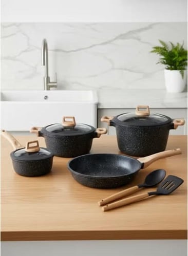 طقم اواني طهي قدور ومقالي جرانيت، 9 قطع، من توب شي...