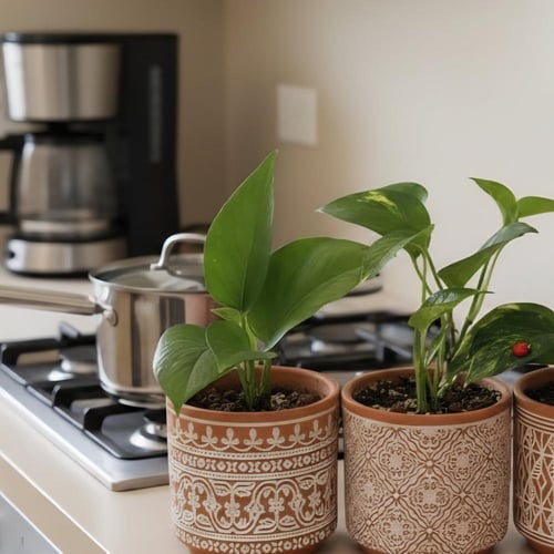 نبات بوتس مزروع في مركن فخار بني فاتح جودته عالية