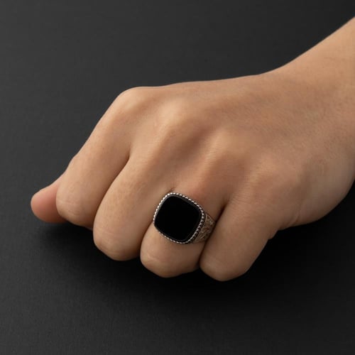 خاتم كلاسيكي بتصميم عثماني فضة عيار 925 - اسود