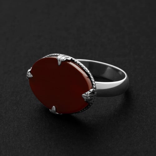 خاتم ملكي مقبض كلاسيكي فضه عيار 925 - عنابي كبدي