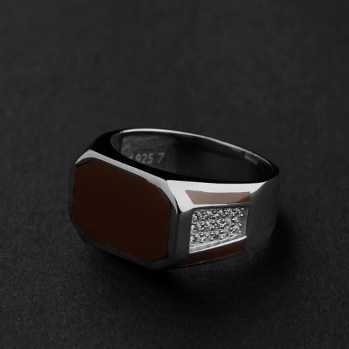 خاتم بتصميم كلاسيكي زركون فضة عيار 925 - بني