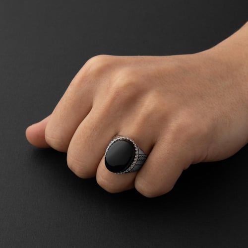 خاتم بتصميم عثماني مودرن فضة عيار 925 - اسود