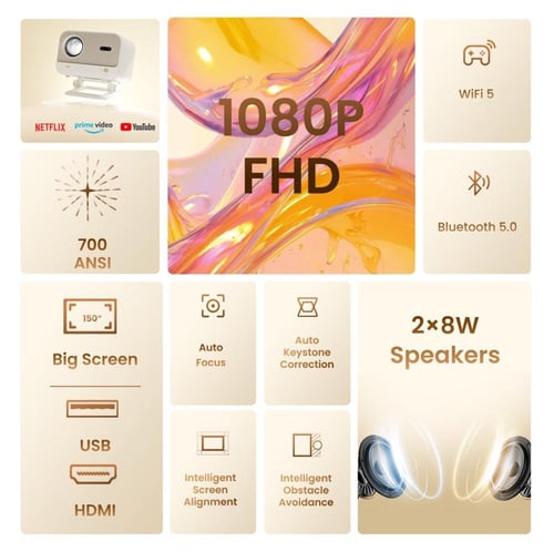 بروجكتر يابر Yaber L2 Plus بدقة Full HD - مع مكبرا...