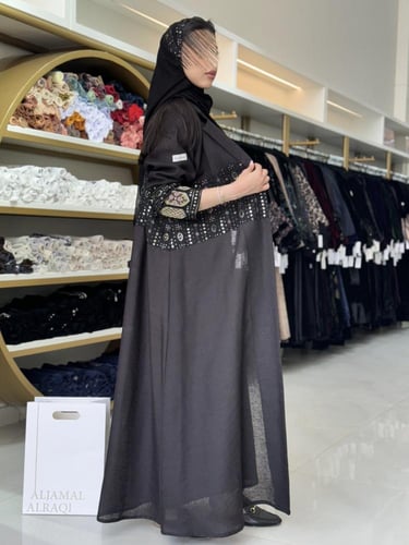 كولكشن رمضان ا عباية الين بقماش لنن مطرز اسود