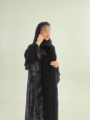عباية غيوم بقماش مخمل كوري تدخيلات شيفون بنفسجي