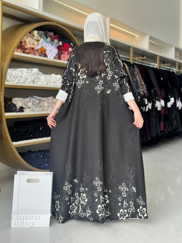 كولكشن رمضان ا عباية لوليا لنن ناعم اسود مع بيج