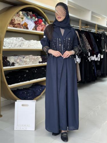 كولكشن رمضان ا عباية الين بقماش لنن مطرز كحلي