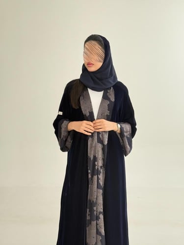 عباية ابريكا بقماش مخمل كوري دبل فيس كحلي